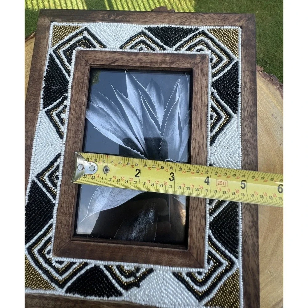 World Market Wood Beaded 4x6 Picture Frame Black White Gold Tribal Boho Decor